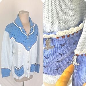 Storybook Knits Blue and White Cardigan with Silver Accents